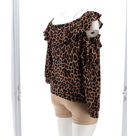 Colleen Lopez Ruffle Sweatshirt Cutout Neutral Leopard 770566E - Picture 6 of 8